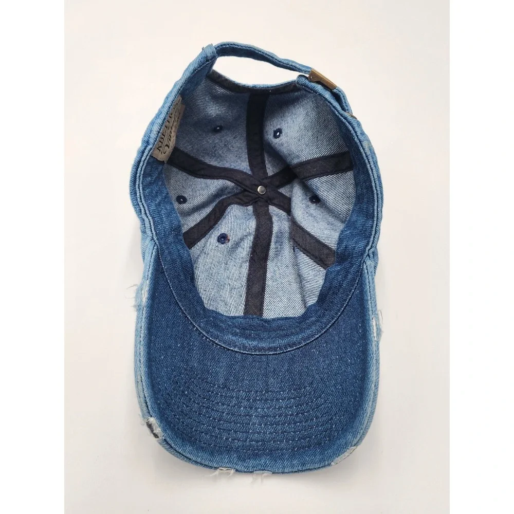 KB ETHOS VINTAGE DENIM DISTRESSED TRUCKER BASEBALL HAT CAP BULL SKULL PATCH